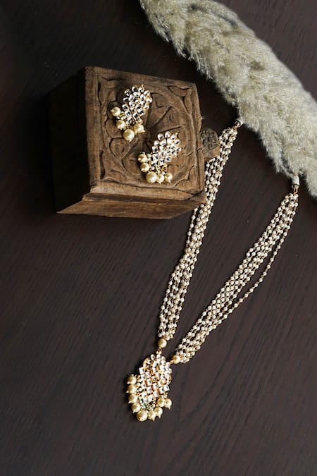 Shop Namasya Gold Plated Pearls, Diamonds Kundan Beaded Necklace Set at Aza Fashions Shop_Namasya_Gold Plated Pearls, Diamonds Kundan Beaded Necklace Set _at_Aza_Fashions