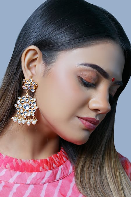 Namasya Gold Plated Pearls Kundan Carved Dangler Earrings 