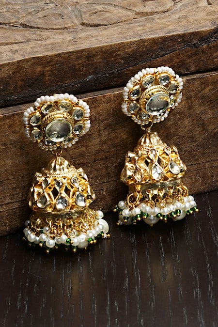 Shop Namasya Gold Plated Kundan Carved Jhumkas at Aza Fashions Shop_Namasya_Gold Plated Kundan Carved Jhumkas _at_Aza_Fashions