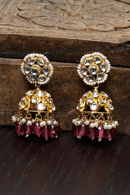 Shop Namasya Gold Plated Cut Work, Stones Kundan Jhumkas at Aza Fashions Shop_Namasya_Gold Plated Cut Work, Stones Kundan Jhumkas _at_Aza_Fashions