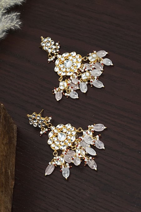 Shop Namasya Gold Plated Pearls Kundan Stone Chandbali Earrings at Aza Fashions Shop_Namasya_Gold Plated Pearls Kundan Stone Chandbali Earrings _at_Aza_Fashions