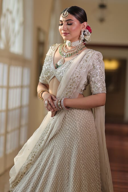 Buy_Neha Khullar_Ivory Silk, Organza, Net, Cotton Cut Work, Embroidered Bridal Lehenga Set 