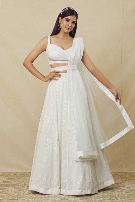 Angad Singh_White Georgette Sequins V-neck Embroidered Lehenga Set _at_Aza_Fashions
