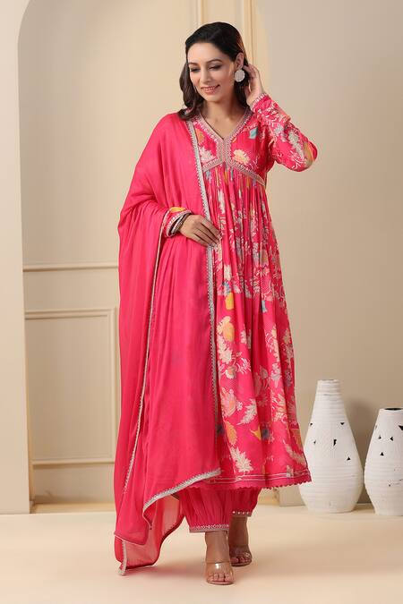Bairaas_Magenta Anarkali Muslin Printed Floral V Neck Flower Bloom Pant Set_Online_at_Aza_Fashions
