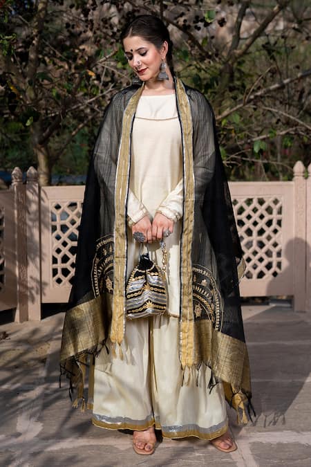 The Home Affair_Ivory Cotton, Silk, Chanderi Embroidery, Gota Achkan Sharara Set With Dupatta _Online_at_Aza_Fashions
