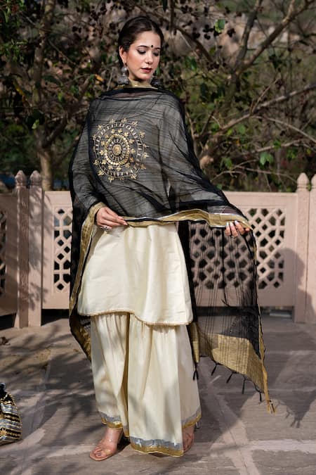 Buy_The Home Affair_Ivory Cotton, Silk, Chanderi Embroidery, Gota Achkan Sharara Set With Dupatta _Online_at_Aza_Fashions