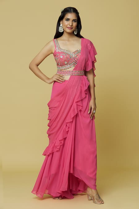 3199 Pink Ruffle Saree – Shama's Collection