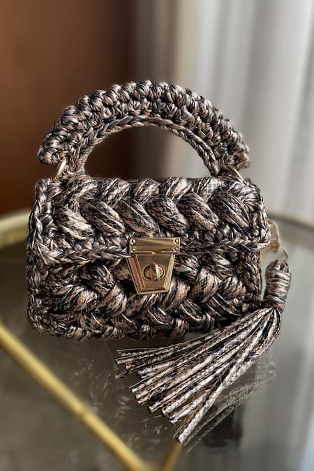 Shop Bijit Brown Tassels Metallic Snake Print Sling Bag at Aza Fashions Shop_Bijit_Brown Tassels Metallic Snake Print Sling Bag _at_Aza_Fashions