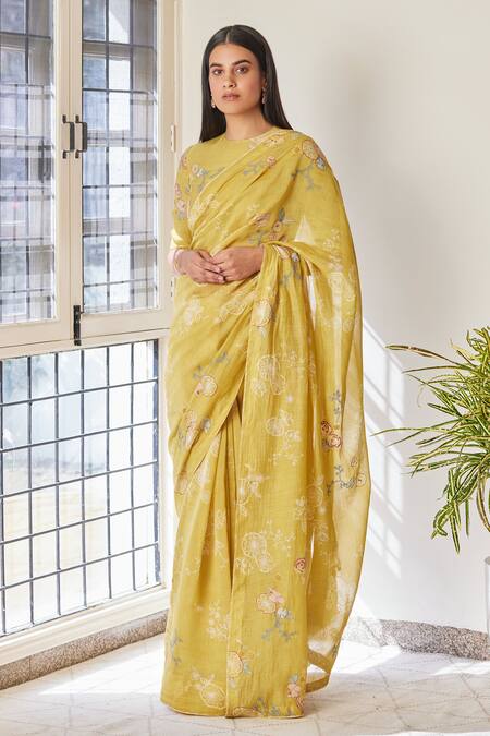 Vaayu_Yellow Cotton Embroidery Round Neck Floral Applique Saree_Online_at_Aza_Fashions