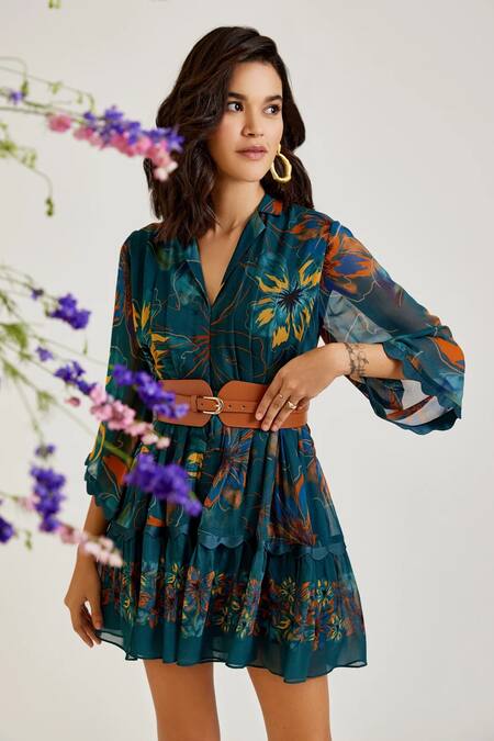 Varun Bahl_Green Georgette V-neck Summer Flower Print Short Dress_Online_at_Aza_Fashions