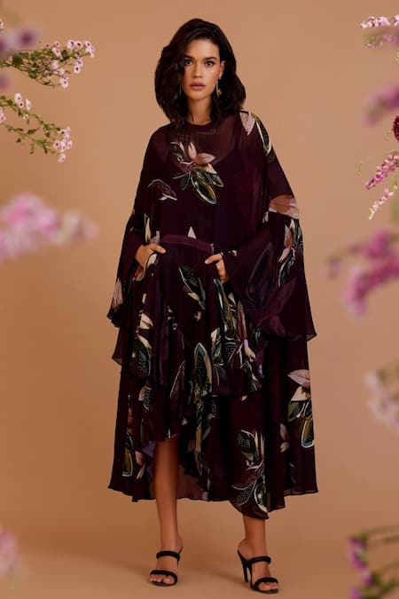 Varun Bahl Maroon Georgette Print Botanical Round Neck Leaf Asymmetric Dress