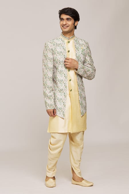 Aryavir Malhotra Gold Sherwani Rani Digital Jacquard Printed Geometric Overlay With Dhoti Pant 