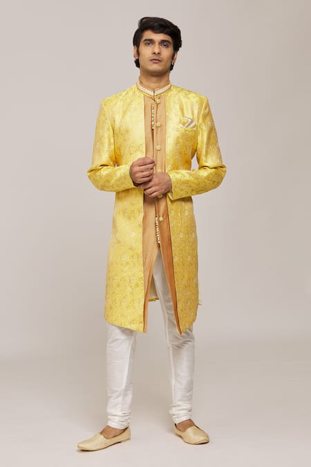 Aryavir Malhotra Woven Floral Panel Sherwani With Churidar 