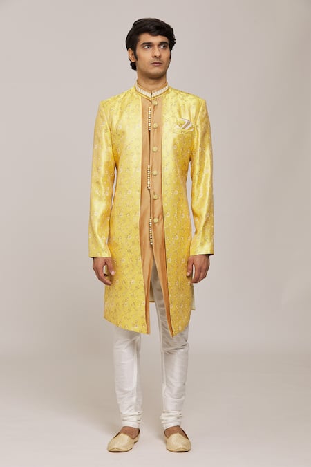 Arihant Rai Sinha Yellow Silk, Jacquard Embroidery Woven Floral Panel Sherwani With Churidar Online at Aza Fashions Arihant Rai Sinha_Yellow Silk, Jacquard Embroidery Woven Floral Panel Sherwani With Churidar _Online_at_Aza_Fashions