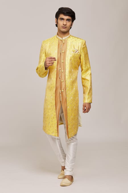 Buy Arihant Rai Sinha Yellow Silk, Jacquard Embroidery Woven Floral Panel Sherwani With Churidar Online at Aza Fashions Buy_Arihant Rai Sinha_Yellow Silk, Jacquard Embroidery Woven Floral Panel Sherwani With Churidar _Online_at_Aza_Fashions