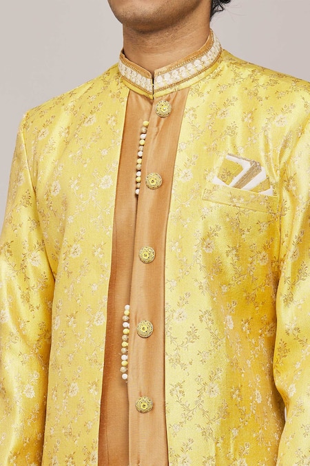 Shop Arihant Rai Sinha Yellow Silk, Jacquard Embroidery Woven Floral Panel Sherwani With Churidar Online at Aza Fashions Shop_Arihant Rai Sinha_Yellow Silk, Jacquard Embroidery Woven Floral Panel Sherwani With Churidar _Online_at_Aza_Fashions