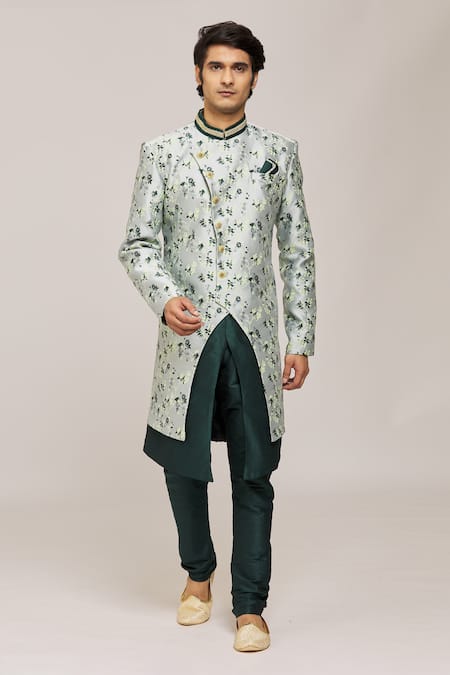 Aryavir Malhotra Woven Floral Asymmetric Sherwani With Churidar 