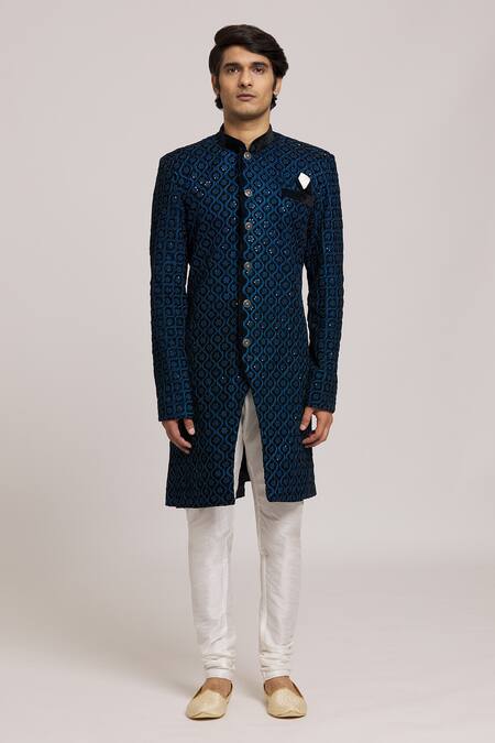 Arihant Rai Sinha_Blue Neoprene, Silk Embroidery Floral Jaali Sherwani With Churidar _Online_at_Aza_Fashions