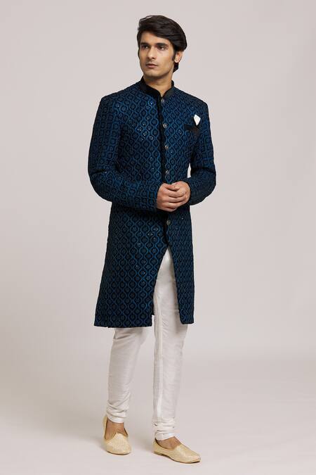 Buy_Arihant Rai Sinha_Blue Neoprene, Silk Embroidery Floral Jaali Sherwani With Churidar _Online_at_Aza_Fashions