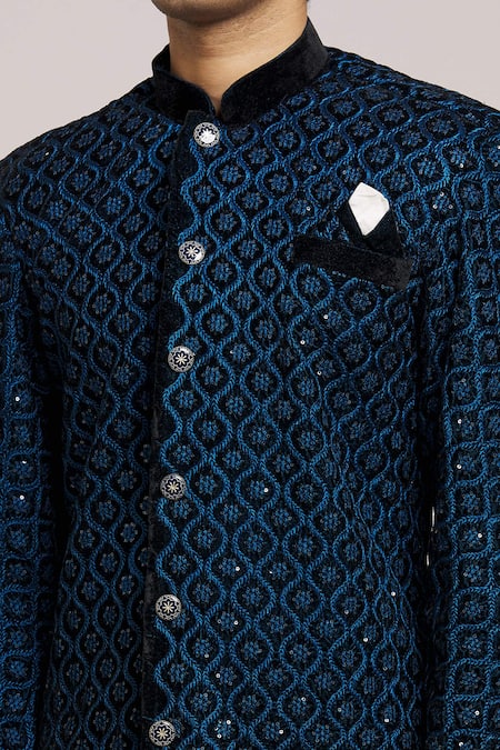 Shop_Arihant Rai Sinha_Blue Neoprene, Silk Embroidery Floral Jaali Sherwani With Churidar _Online_at_Aza_Fashions