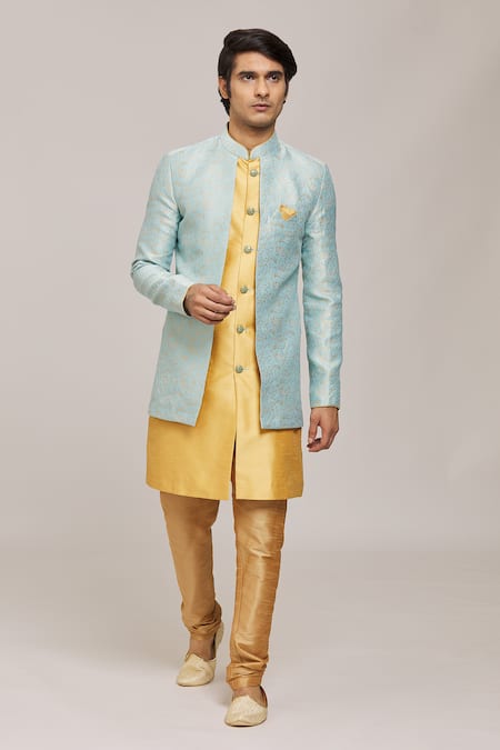 Aryavir Malhotra Woven Leaf Pattern Overlay Sherwani With Churidar 