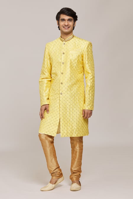 Aryavir Malhotra Yellow Sherwani Banarasi Zari Jacquard Embroidered Sequin Jaal With Churidar 