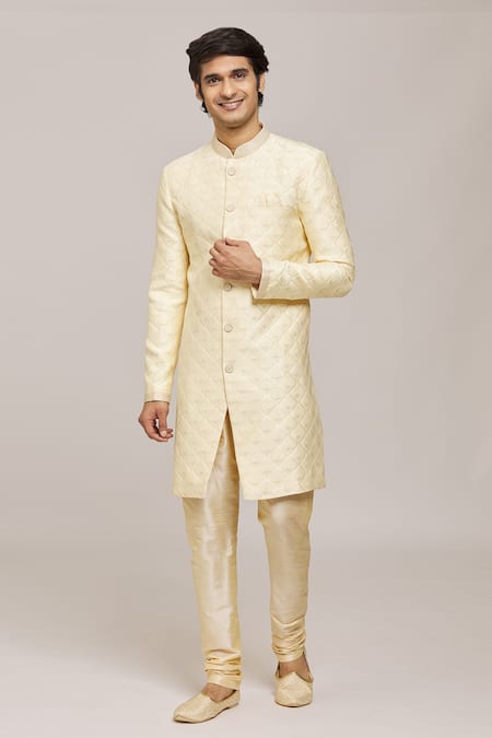 Aryavir Malhotra Gold Sherwani Zari Jacquard Textured Diamond Pattern With Churidar 