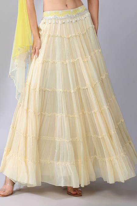 Shop_Keith Gomes_Yellow Georgette, Net Tassels, Embroidery, Beads, Flower Blouse Skirt Set _Online_at_Aza_Fashions