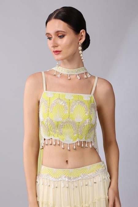 Keith Gomes_Yellow Georgette, Net Tassels, Embroidery, Beads, Flower Blouse Skirt Set _at_Aza_Fashions