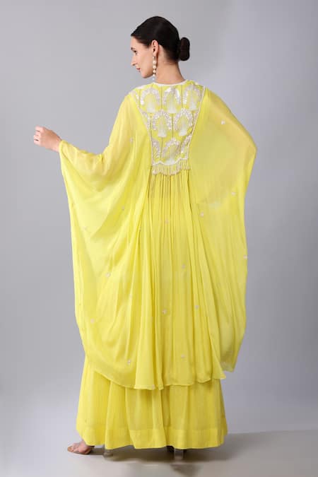 Shop Keith Gomes Yellow Georgette, Chiffon Sequins, Flower Yoke Embellished Tunic And Gharara Set at Aza Fashions Shop_Keith Gomes_Yellow Georgette, Chiffon Sequins, Flower Yoke Embellished Tunic And Gharara Set _at_Aza_Fashions
