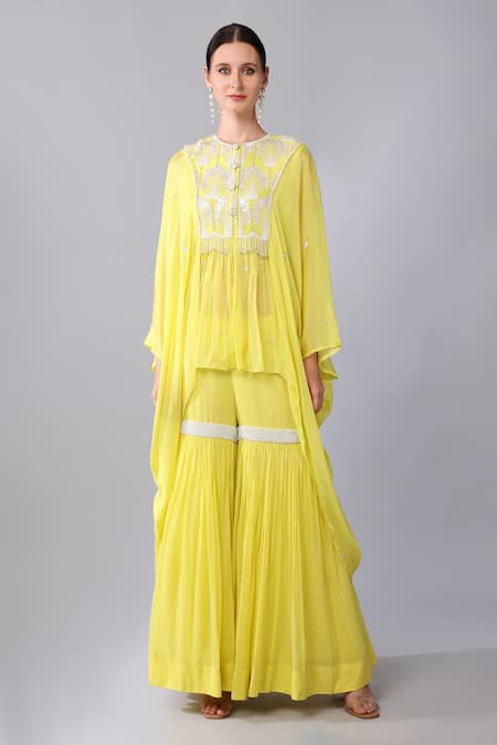 Keith Gomes Yellow Georgette, Chiffon Sequins, Flower Yoke Embellished Tunic And Gharara Set Online at Aza Fashions Keith Gomes_Yellow Georgette, Chiffon Sequins, Flower Yoke Embellished Tunic And Gharara Set _Online_at_Aza_Fashions