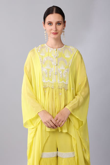 Keith Gomes Yellow Georgette, Chiffon Sequins, Flower Yoke Embellished Tunic And Gharara Set at Aza Fashions Keith Gomes_Yellow Georgette, Chiffon Sequins, Flower Yoke Embellished Tunic And Gharara Set _at_Aza_Fashions
