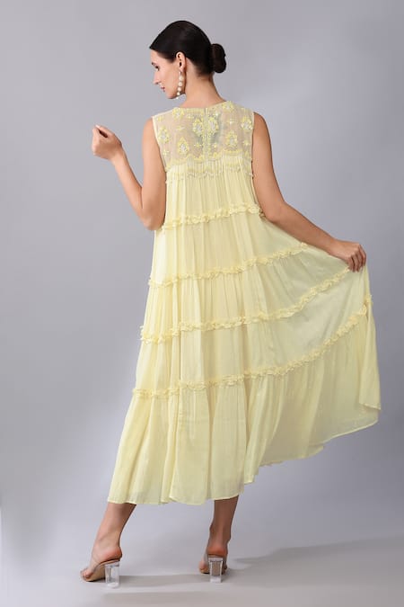 Shop Keith Gomes Ivory Cotton, Chiffon Embroidery, Sequins Round Neck Bead Yoke Dress at Aza Fashions Shop_Keith Gomes_Ivory Cotton, Chiffon Embroidery, Sequins Round Neck Bead Yoke Dress _at_Aza_Fashions