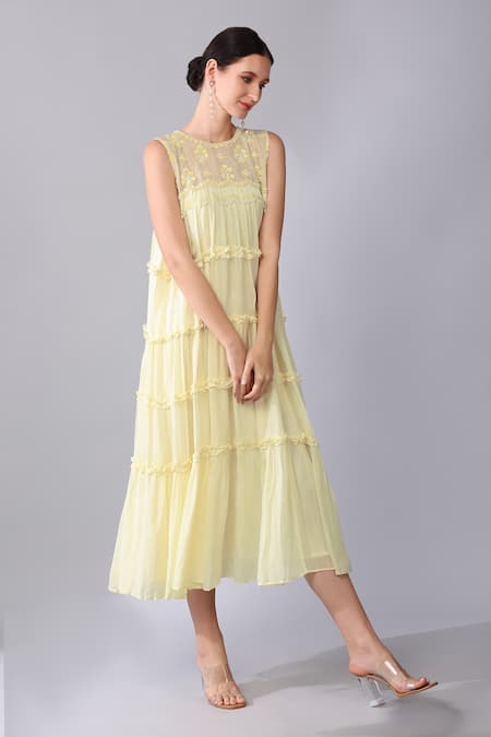 Keith Gomes Ivory Cotton, Chiffon Embroidery, Sequins Round Neck Bead Yoke Dress Online at Aza Fashions Keith Gomes_Ivory Cotton, Chiffon Embroidery, Sequins Round Neck Bead Yoke Dress _Online_at_Aza_Fashions