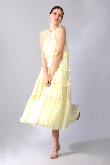 Buy Keith Gomes Ivory Cotton, Chiffon Embroidery, Sequins Round Neck Bead Yoke Dress Online at Aza Fashions Buy_Keith Gomes_Ivory Cotton, Chiffon Embroidery, Sequins Round Neck Bead Yoke Dress _Online_at_Aza_Fashions