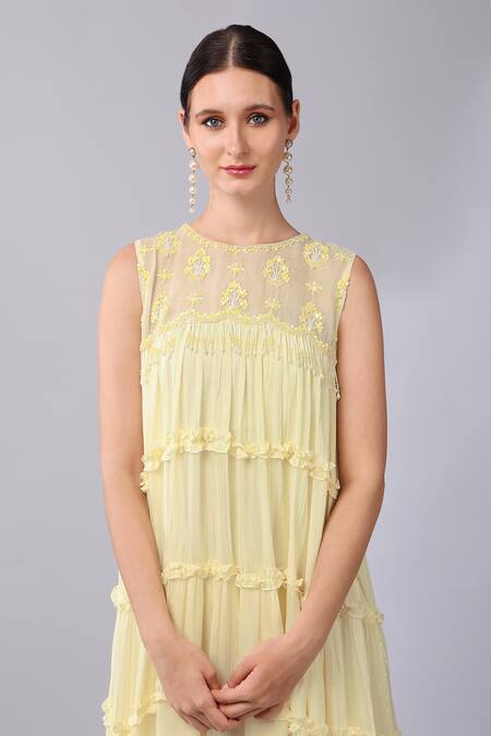 Shop Keith Gomes Ivory Cotton, Chiffon Embroidery, Sequins Round Neck Bead Yoke Dress Online at Aza Fashions Shop_Keith Gomes_Ivory Cotton, Chiffon Embroidery, Sequins Round Neck Bead Yoke Dress _Online_at_Aza_Fashions