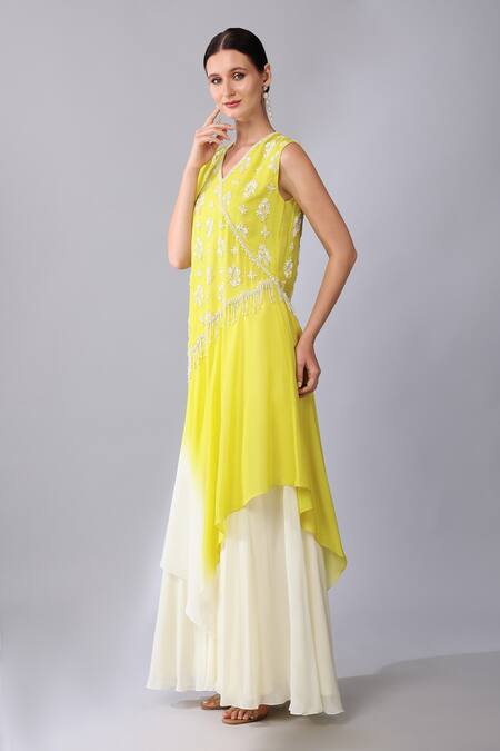 Keith Gomes_Yellow Georgette, Silk Organza Beads, Ombre Embroidered Tunic And Palazzo Set _Online_at_Aza_Fashions