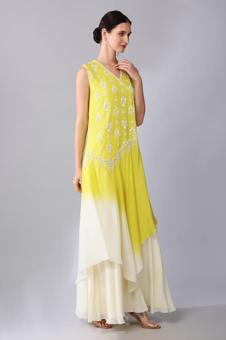 Buy_Keith Gomes_Yellow Georgette, Silk Organza Beads, Ombre Embroidered Tunic And Palazzo Set _Online_at_Aza_Fashions
