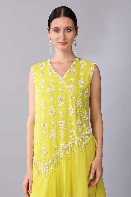 Shop_Keith Gomes_Yellow Georgette, Silk Organza Beads, Ombre Embroidered Tunic And Palazzo Set _Online_at_Aza_Fashions
