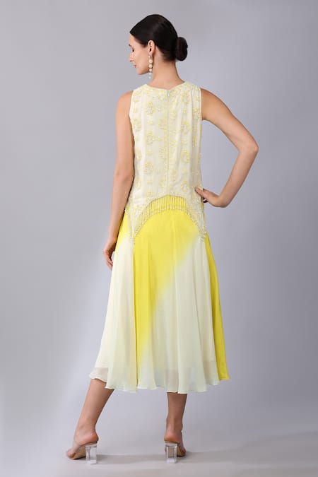 Shop Keith Gomes Ivory Chiffon, Crepe Beads, Tassels, Sequins Keyhole Embroidered Dress With Slip at Aza Fashions Shop_Keith Gomes_Ivory Chiffon, Crepe Beads, Tassels, Sequins Keyhole Embroidered Dress With Slip _at_Aza_Fashions