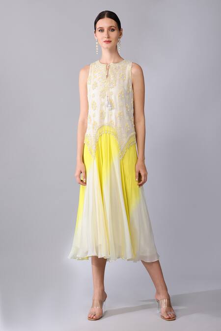 Keith Gomes Ivory Chiffon, Crepe Beads, Tassels, Sequins Keyhole Embroidered Dress With Slip Online at Aza Fashions Keith Gomes_Ivory Chiffon, Crepe Beads, Tassels, Sequins Keyhole Embroidered Dress With Slip _Online_at_Aza_Fashions