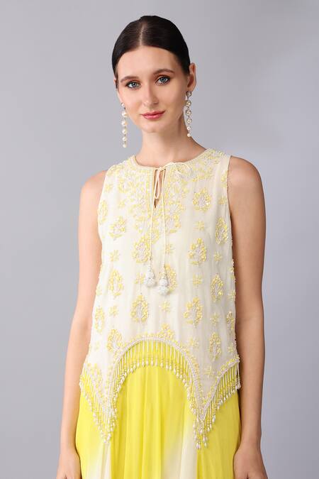 Shop Keith Gomes Ivory Chiffon, Crepe Beads, Tassels, Sequins Keyhole Embroidered Dress With Slip Online at Aza Fashions Shop_Keith Gomes_Ivory Chiffon, Crepe Beads, Tassels, Sequins Keyhole Embroidered Dress With Slip _Online_at_Aza_Fashions