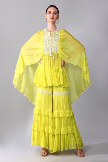 Keith Gomes Yellow Georgette, Silk Organza Pearls, Yoke Embroidered Cape Tunic And Palazzo Set 