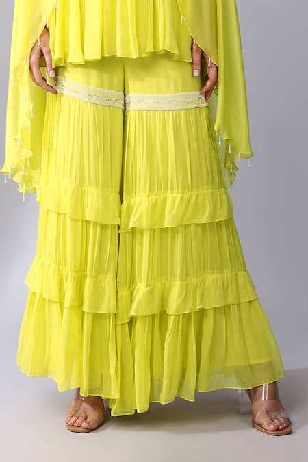 Buy_Keith Gomes_Yellow Georgette, Silk Organza Pearls, Yoke Embroidered Cape Tunic And Palazzo Set _Online_at_Aza_Fashions