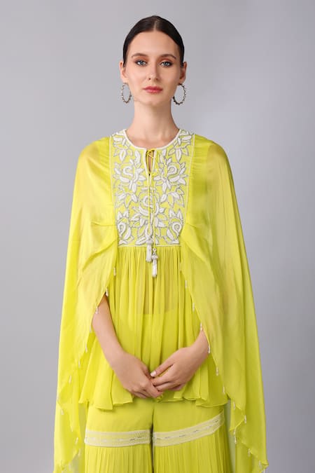 Keith Gomes_Yellow Georgette, Silk Organza Pearls, Yoke Embroidered Cape Tunic And Palazzo Set _at_Aza_Fashions