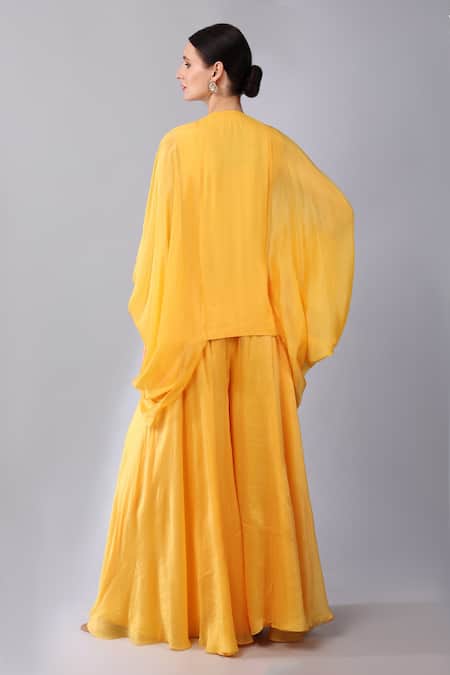 Shop Keith Gomes Orange Georgette, Silk Organza Floral Yoke Embroidered Tunic And Palazzo Set at Aza Fashions Shop_Keith Gomes_Orange Georgette, Silk Organza Floral Yoke Embroidered Tunic And Palazzo Set _at_Aza_Fashions