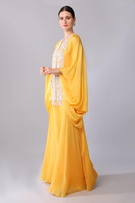 Keith Gomes Orange Georgette, Silk Organza Floral Yoke Embroidered Tunic And Palazzo Set Online at Aza Fashions Keith Gomes_Orange Georgette, Silk Organza Floral Yoke Embroidered Tunic And Palazzo Set _Online_at_Aza_Fashions