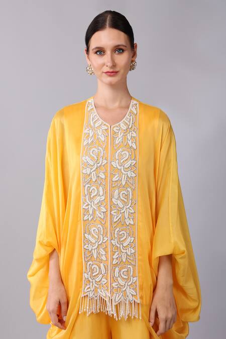 Keith Gomes Orange Georgette, Silk Organza Floral Yoke Embroidered Tunic And Palazzo Set at Aza Fashions Keith Gomes_Orange Georgette, Silk Organza Floral Yoke Embroidered Tunic And Palazzo Set _at_Aza_Fashions