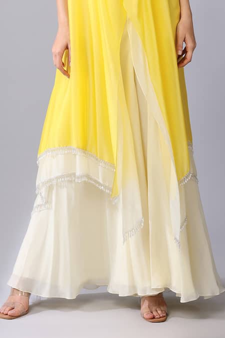 Keith Gomes Yellow Silk Organza Pearls, Sequins, Yoke Embroidered Tunic And Palazzo Set Online at Aza Fashions Keith Gomes_Yellow Silk Organza Pearls, Sequins, Yoke Embroidered Tunic And Palazzo Set _Online_at_Aza_Fashions