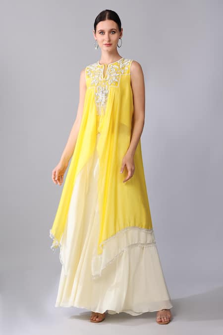 Buy Keith Gomes Yellow Silk Organza Pearls, Sequins, Yoke Embroidered Tunic And Palazzo Set Online at Aza Fashions Buy_Keith Gomes_Yellow Silk Organza Pearls, Sequins, Yoke Embroidered Tunic And Palazzo Set _Online_at_Aza_Fashions